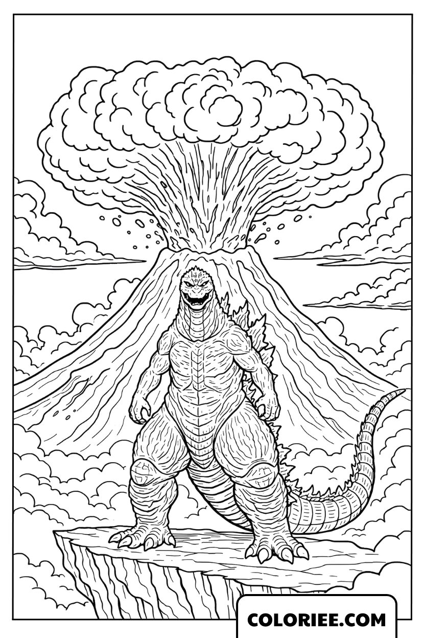 Coloriage Godzilla Devant Le Volcan