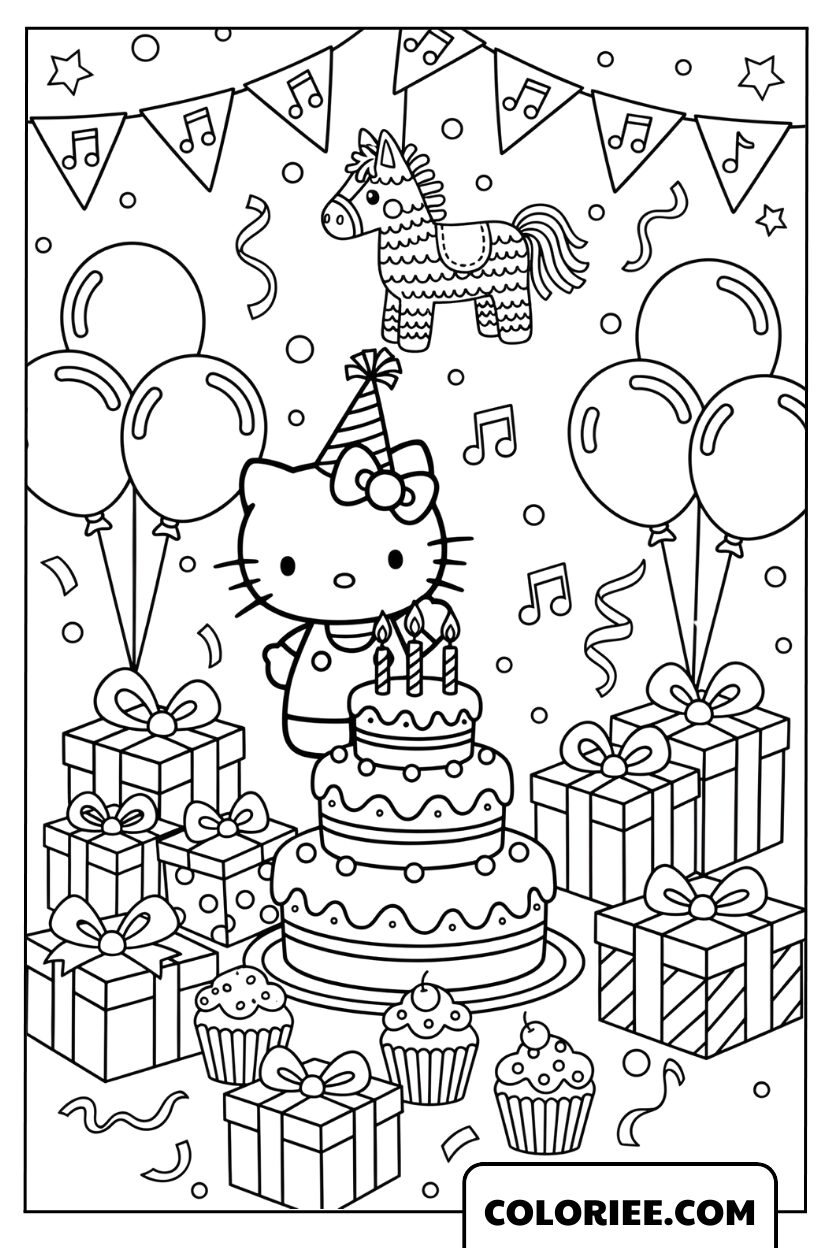Coloriage Hello Kitty à la Fête d’Anniversaire