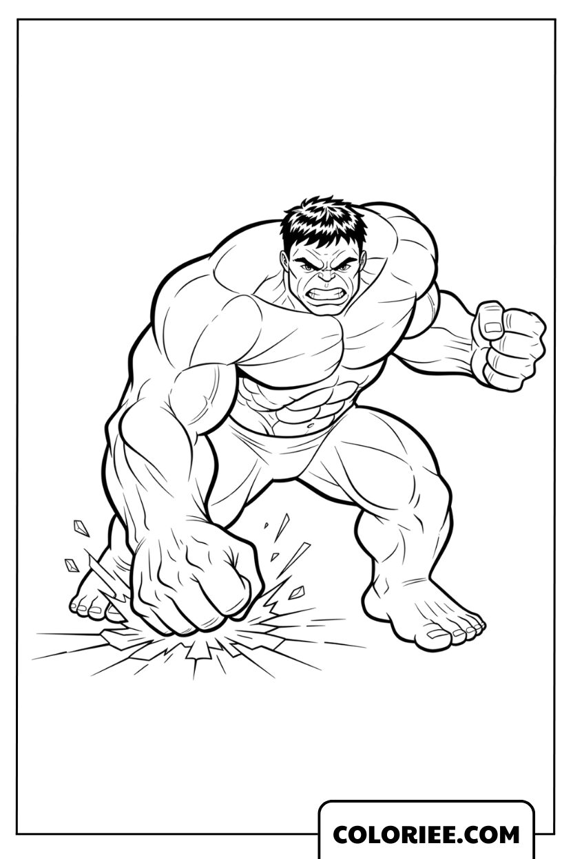 Coloriage Hulk Frappe le Sol en Plein Combat