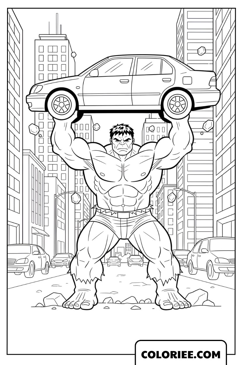 Coloriage Hulk soulevant une voiture en ville