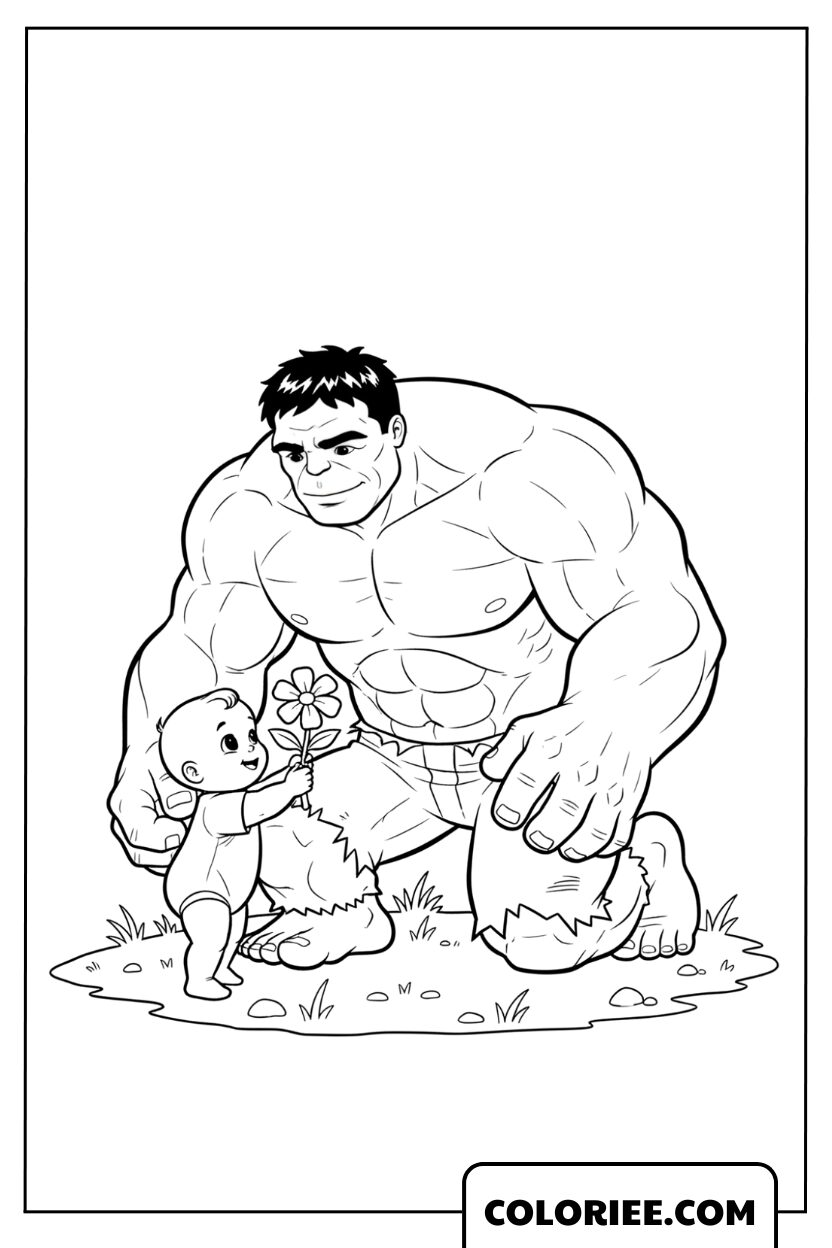 Coloriage Hulk tendre avec un bébé et une fleur