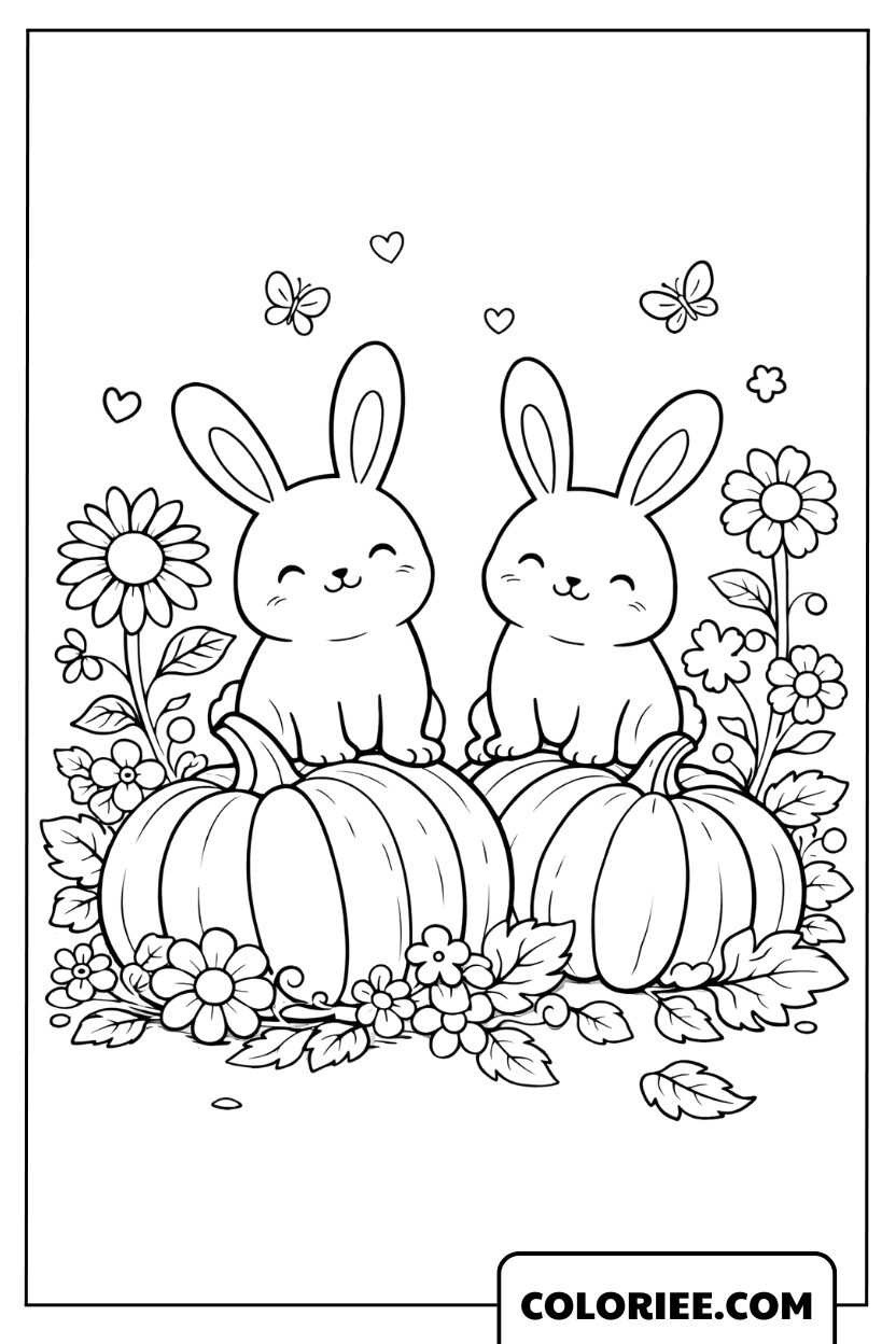 Coloriage Lapins et Citrouilles d’Automne