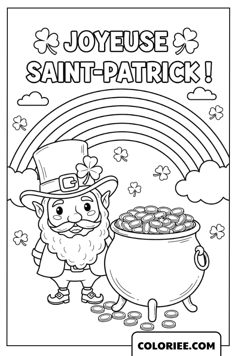 Coloriage Leprechaun et Chaudière d’Or Joyeuse Saint Patrick