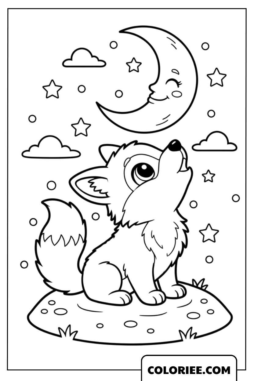 Coloriage Loup admirant la lune magique