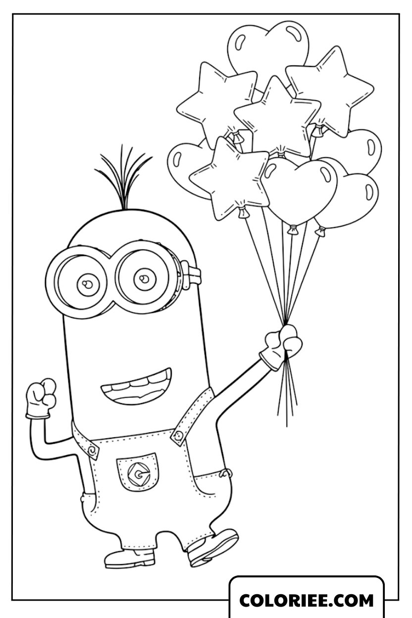 Coloriage Minion Kevin tenant un bouquet de ballons