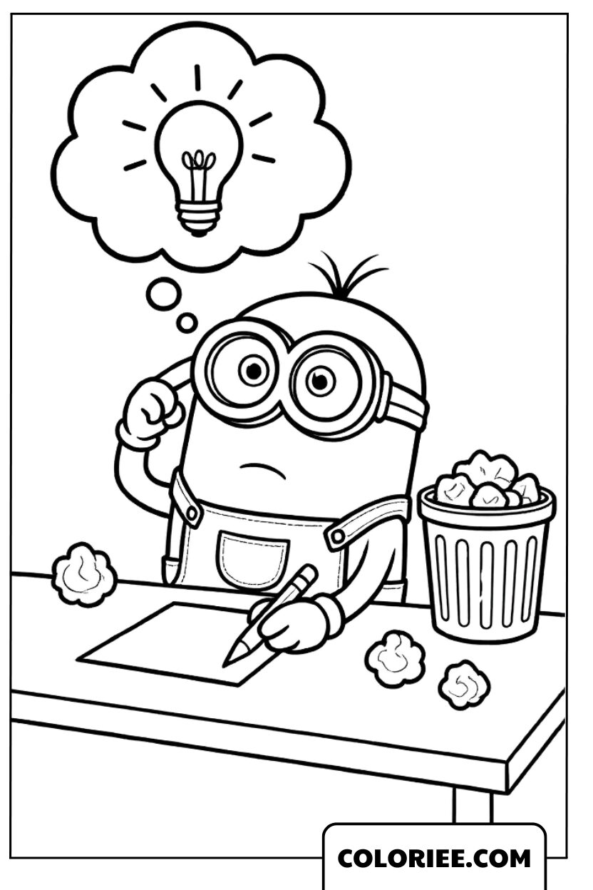 Coloriage Minion en train de réfléchir à une nouvelle idée
