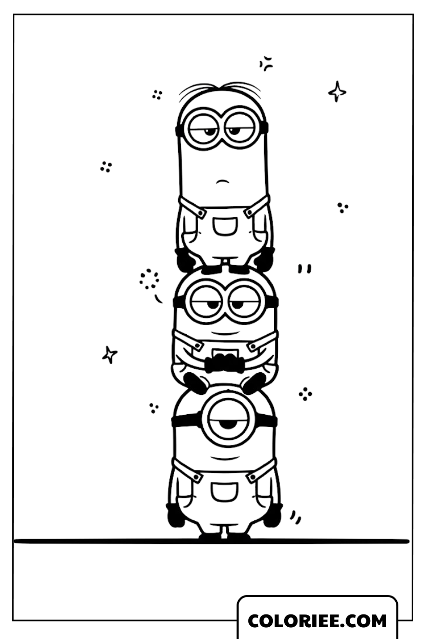 Coloriage Minions Kevin Stuart et Bob empilés de façon amusante