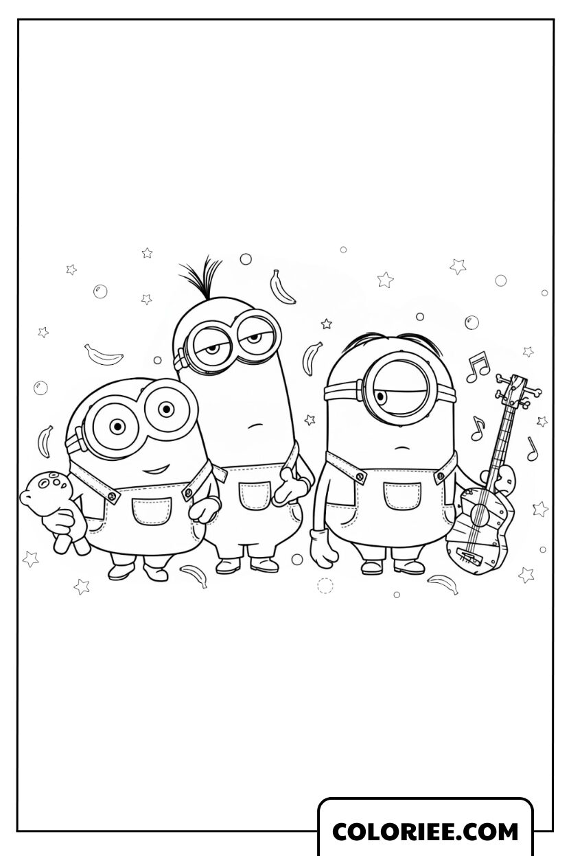 Coloriage Minions Kevin Stuart et Bob joyeux ensemble