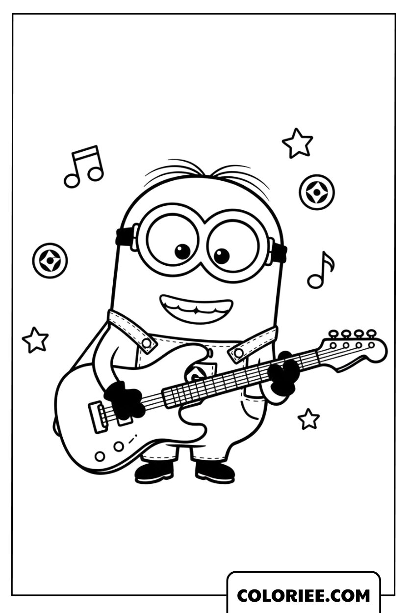 Coloriage Minions Stuart jouant de la guitare