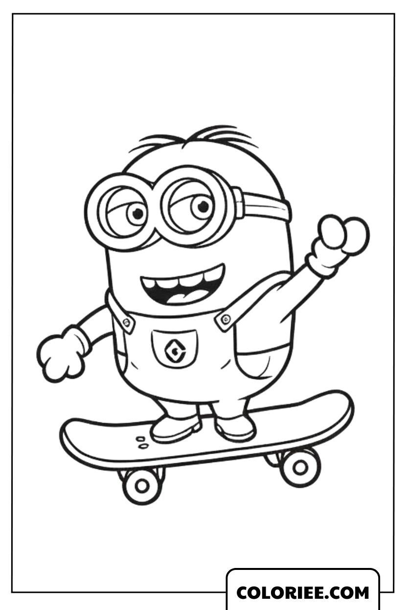 Coloriage Minions faisant du skateboard
