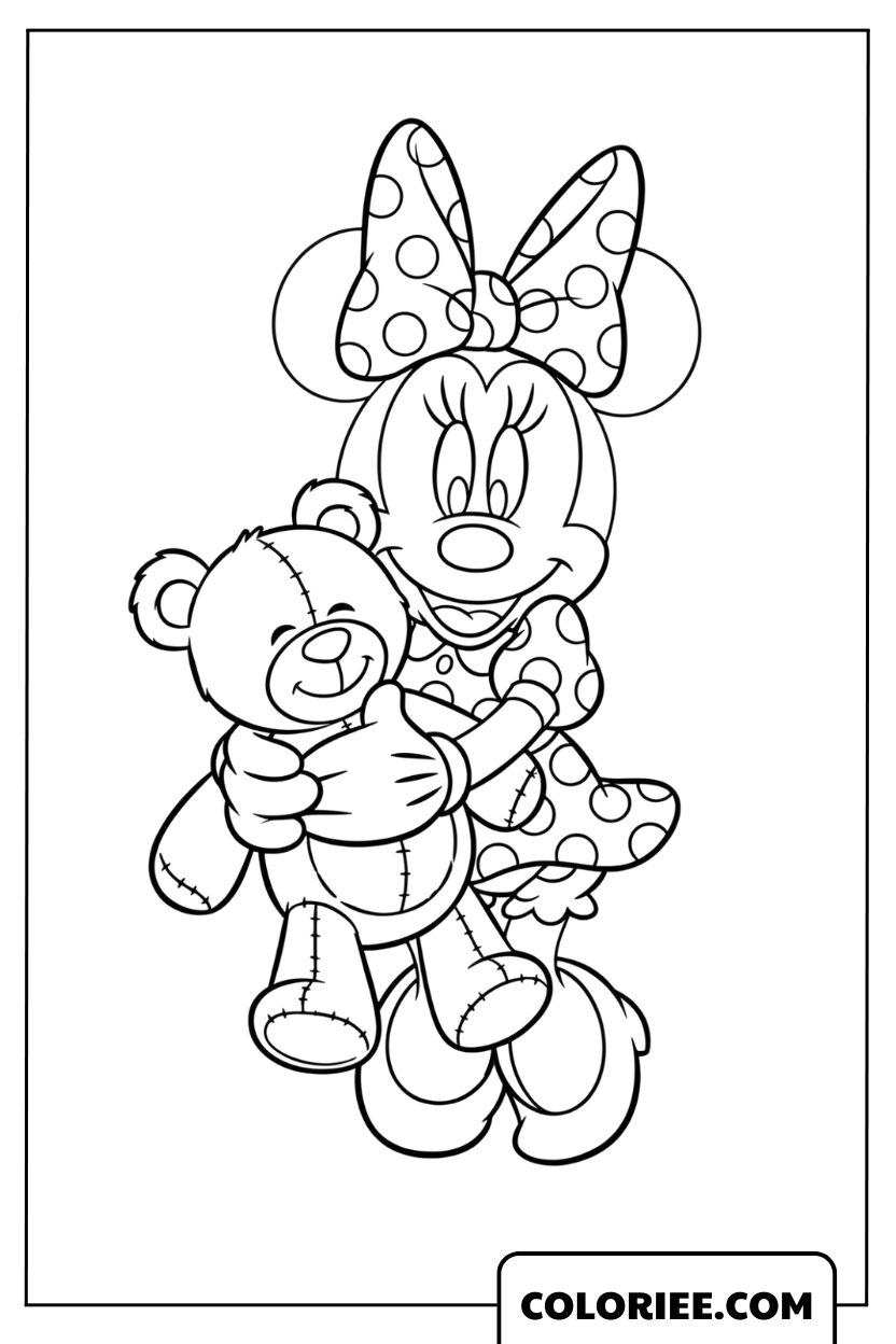 Coloriage Minnie avec son ours en peluche