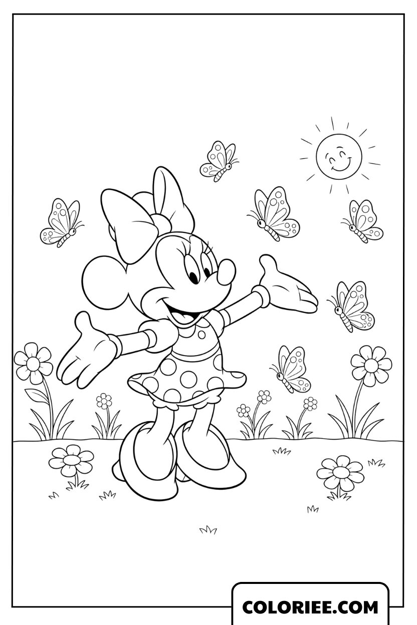 Coloriage Minnie jouant avec des papillons
