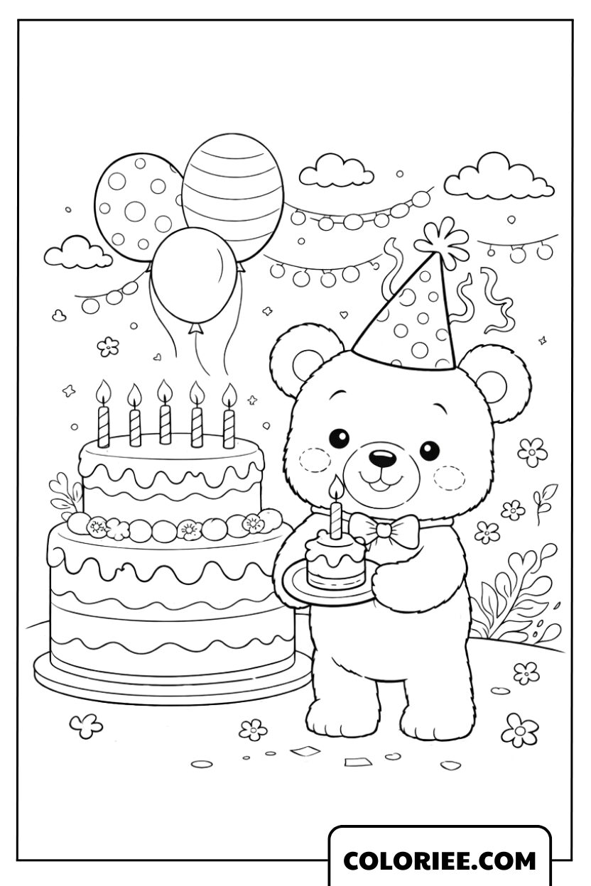 Coloriage Ourson à la Fête d’Anniversaire