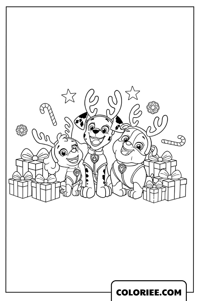 Coloriage Pat Patrouille Marshall Skye et Rubble joyeux