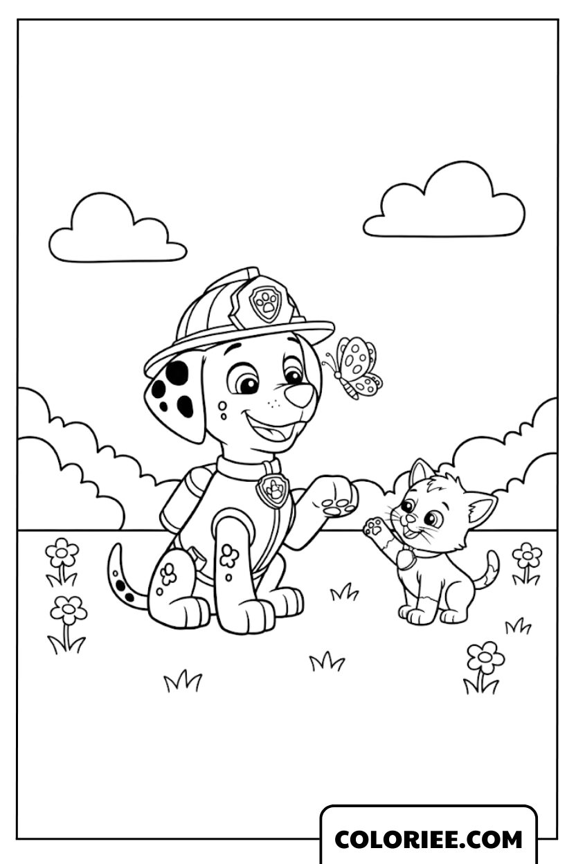 Coloriage Pat Patrouille Marshall jouant avec un petit chat