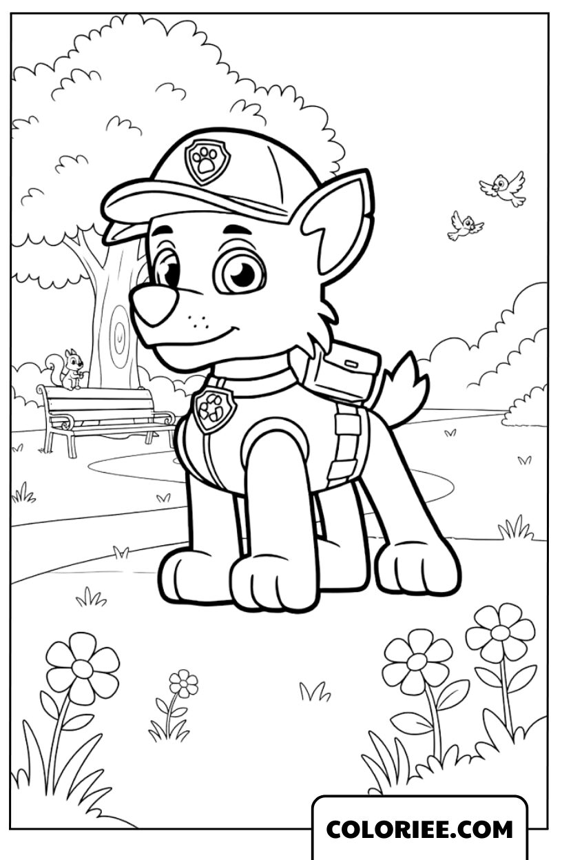 Coloriage Pat Patrouille Rocky dans le jardin
