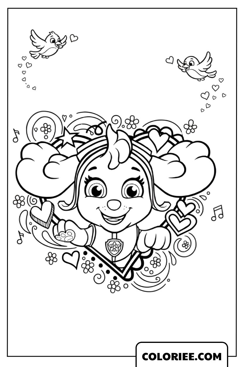 Coloriage Pat Patrouille Skye mignonne parmi les nuages et les cœurs