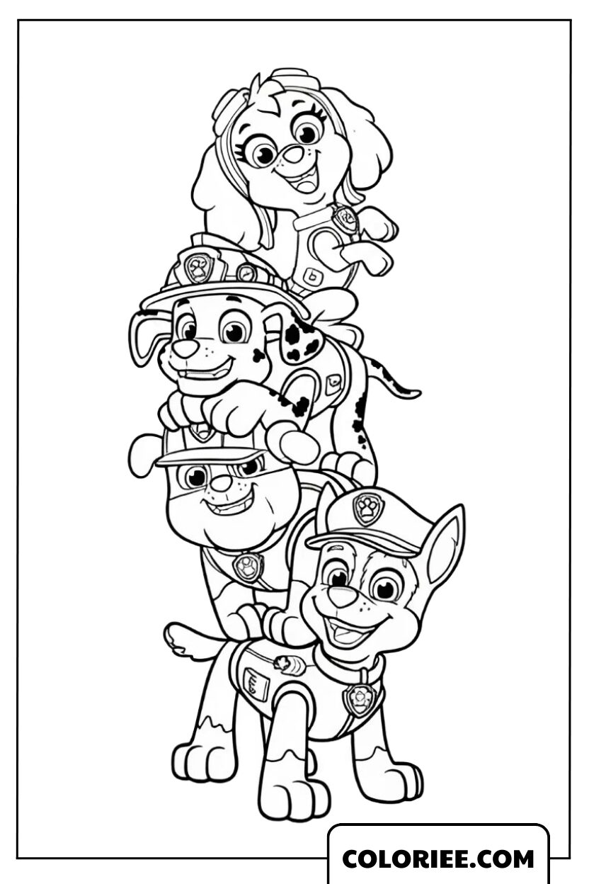 Coloriage Pat Patrouille l’équipe des chiots empilés joyeux