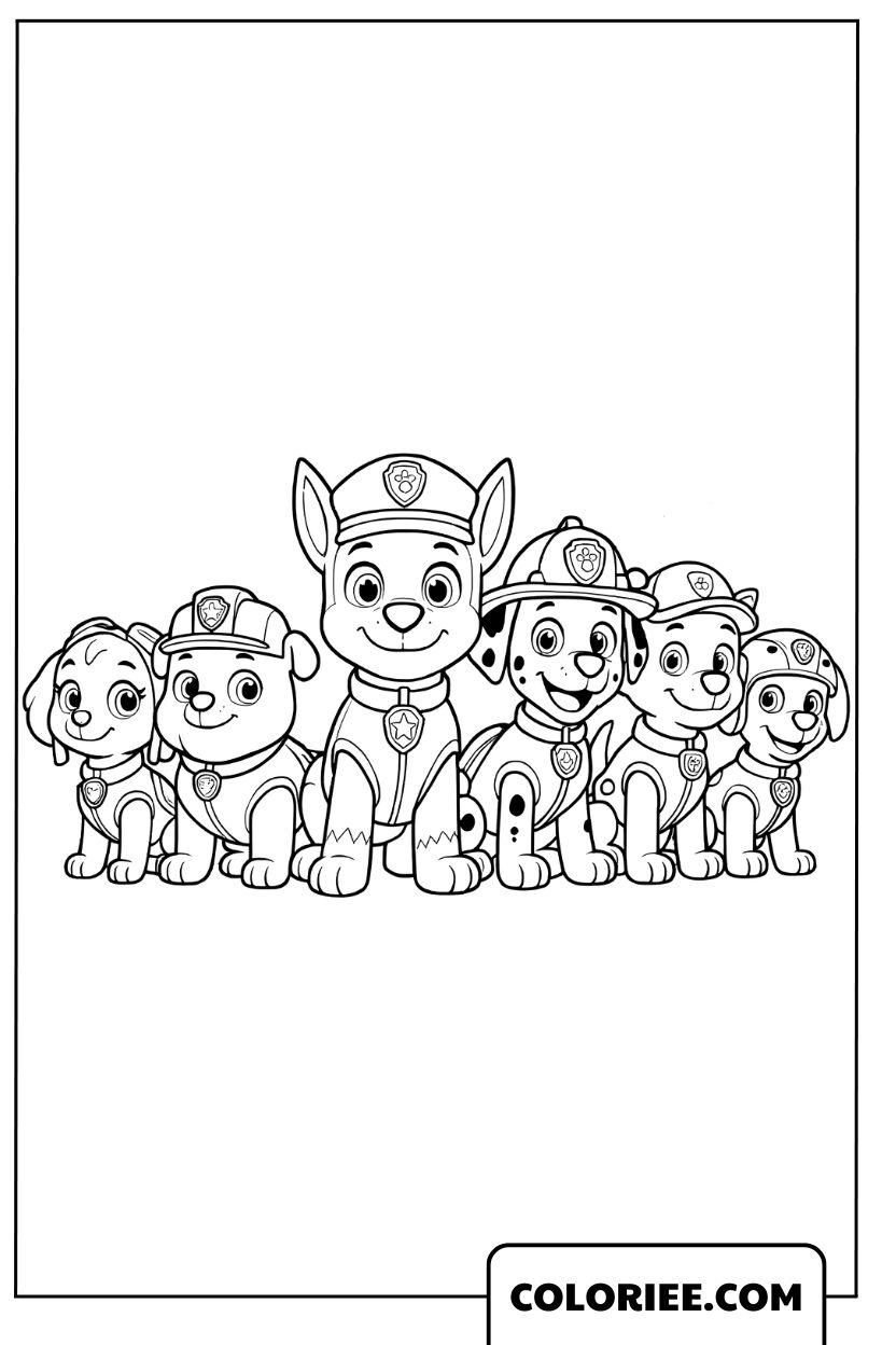 Coloriage Pat Patrouille toute l’équipe des chiots réunie