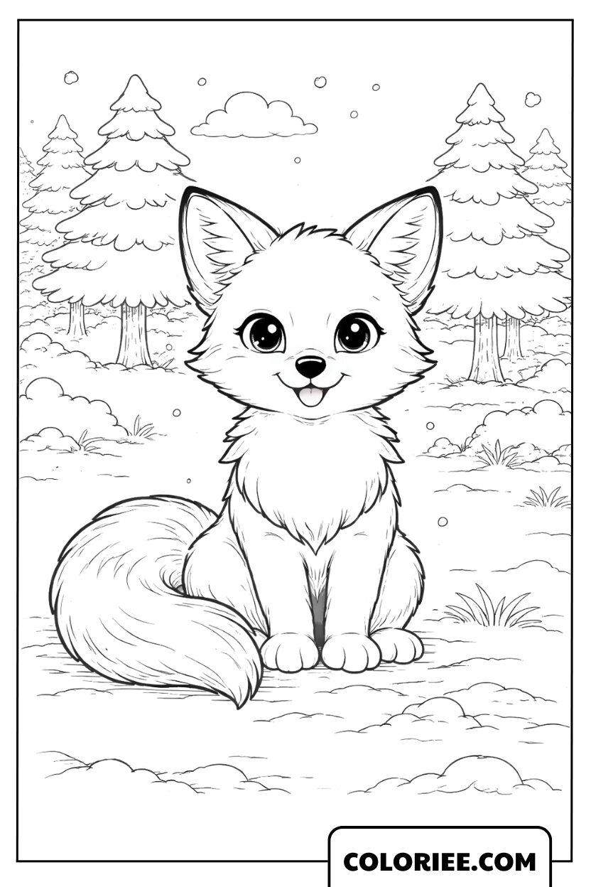 Coloriage Petit Renard Assis dans une Forêt Paisible