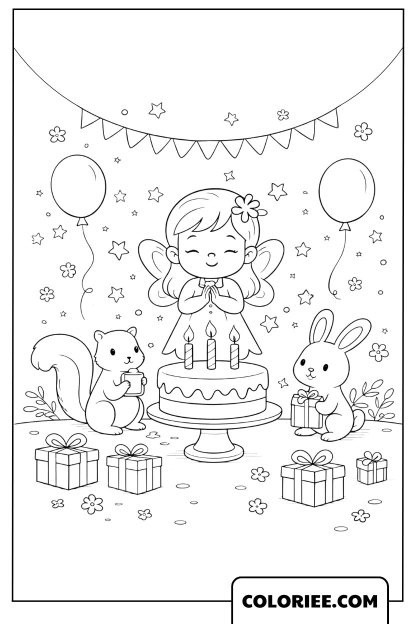 Coloriage Petite Fée et Gâteau d’Anniversaire