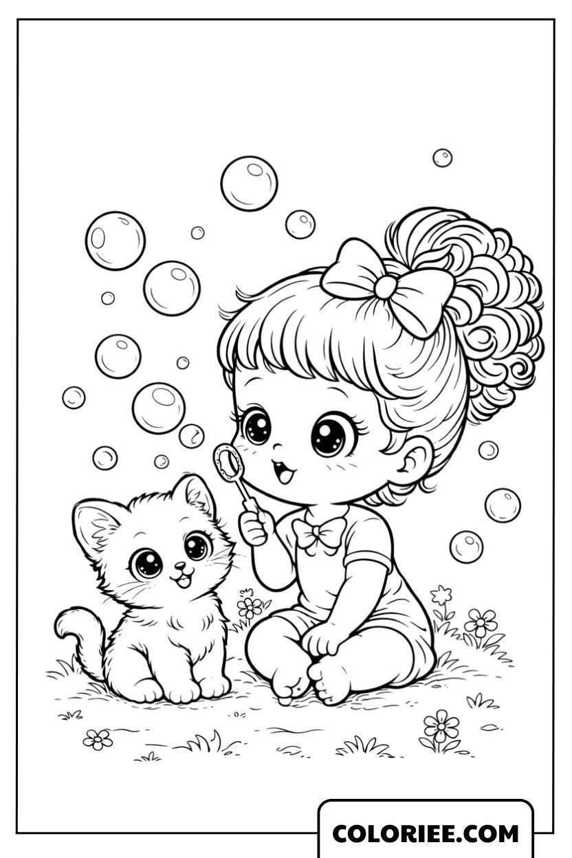 Coloriage Petite Fille et Chaton avec des Bulles
