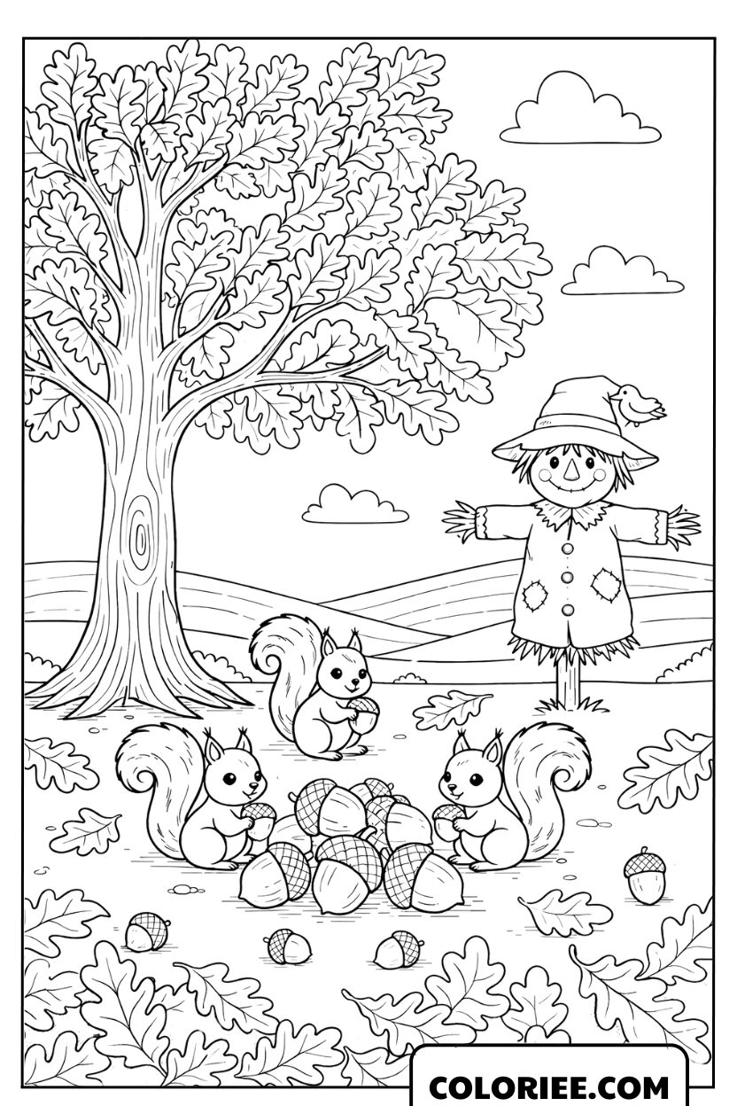 Coloriage Petits Écureuils et Glands d’Automne