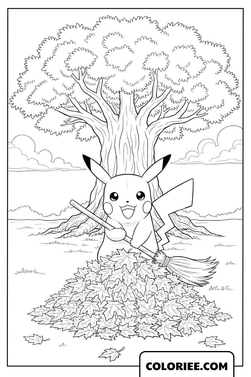 Coloriage Pikachu Balaye les Feuilles d’Automne