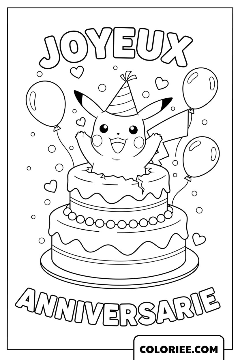 Coloriage Pikachu Fêtant son Anniversaire