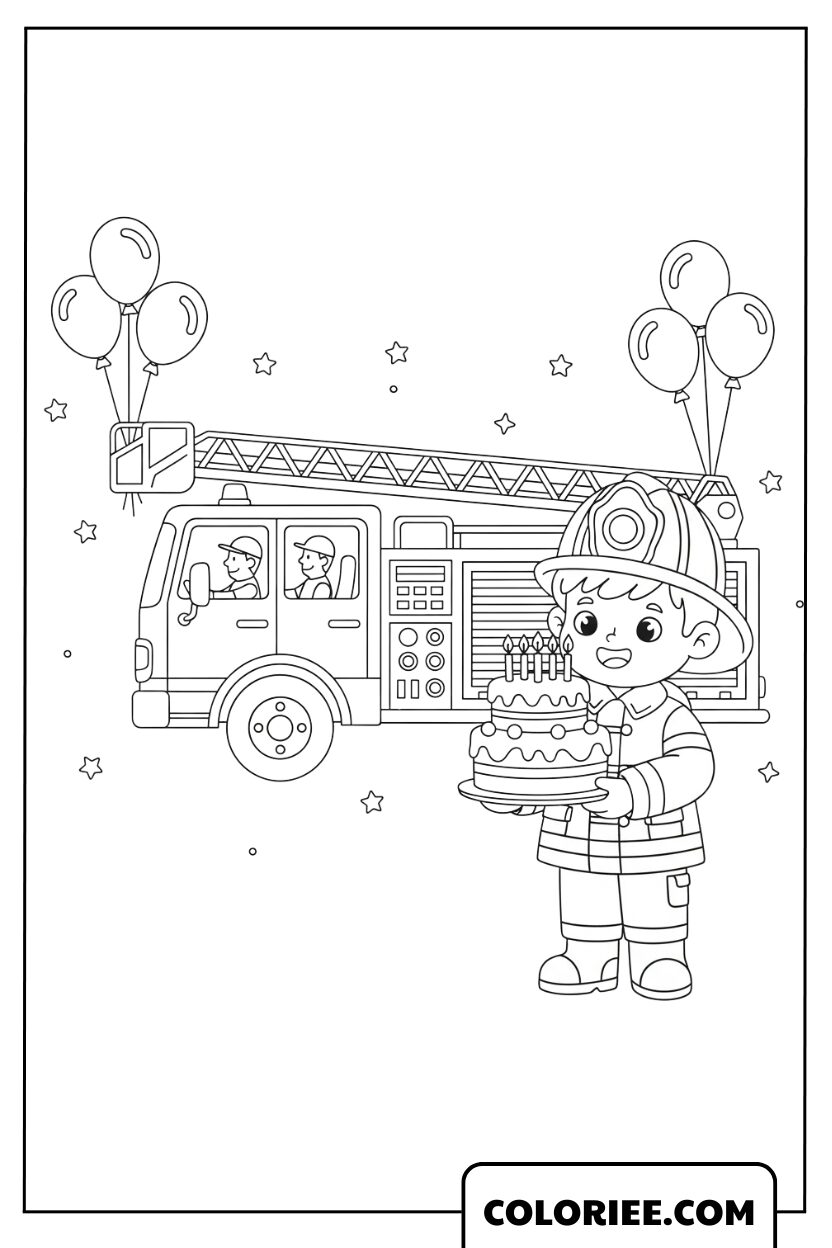 Coloriage Pompier Fêtant son Anniversaire