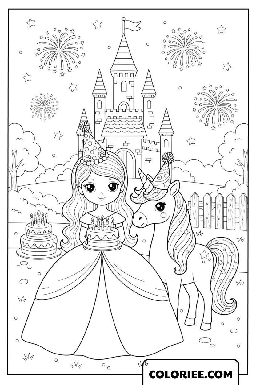 Coloriage Princesse Fêtant son Anniversaire