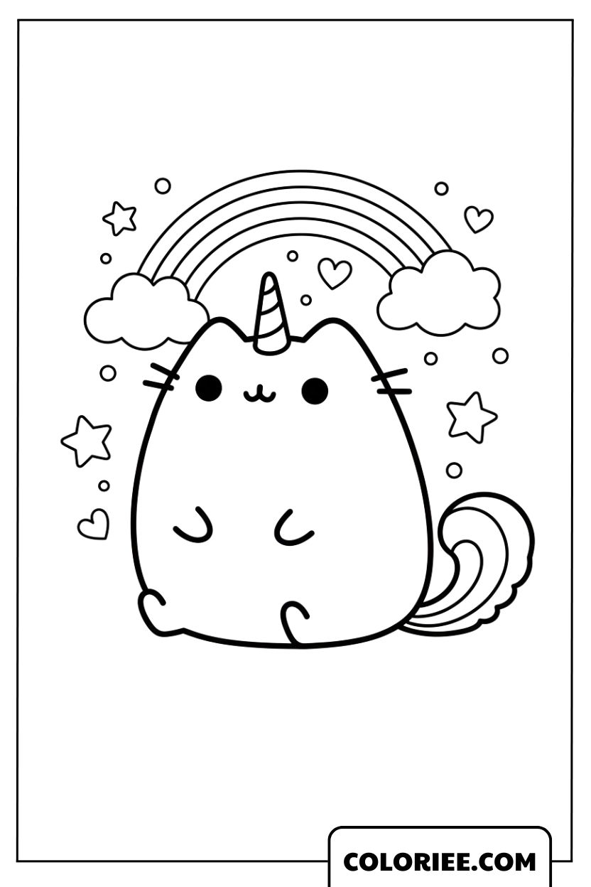 Coloriage Pusheen Chat Licorne Sous l’Arc-en-Ciel