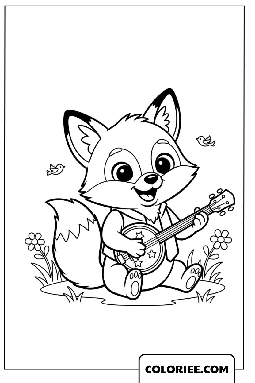 Coloriage Renard Musicien Joyeux