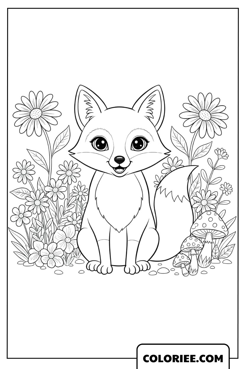 Coloriage Renard au Milieu d’un Jardin Fleuri