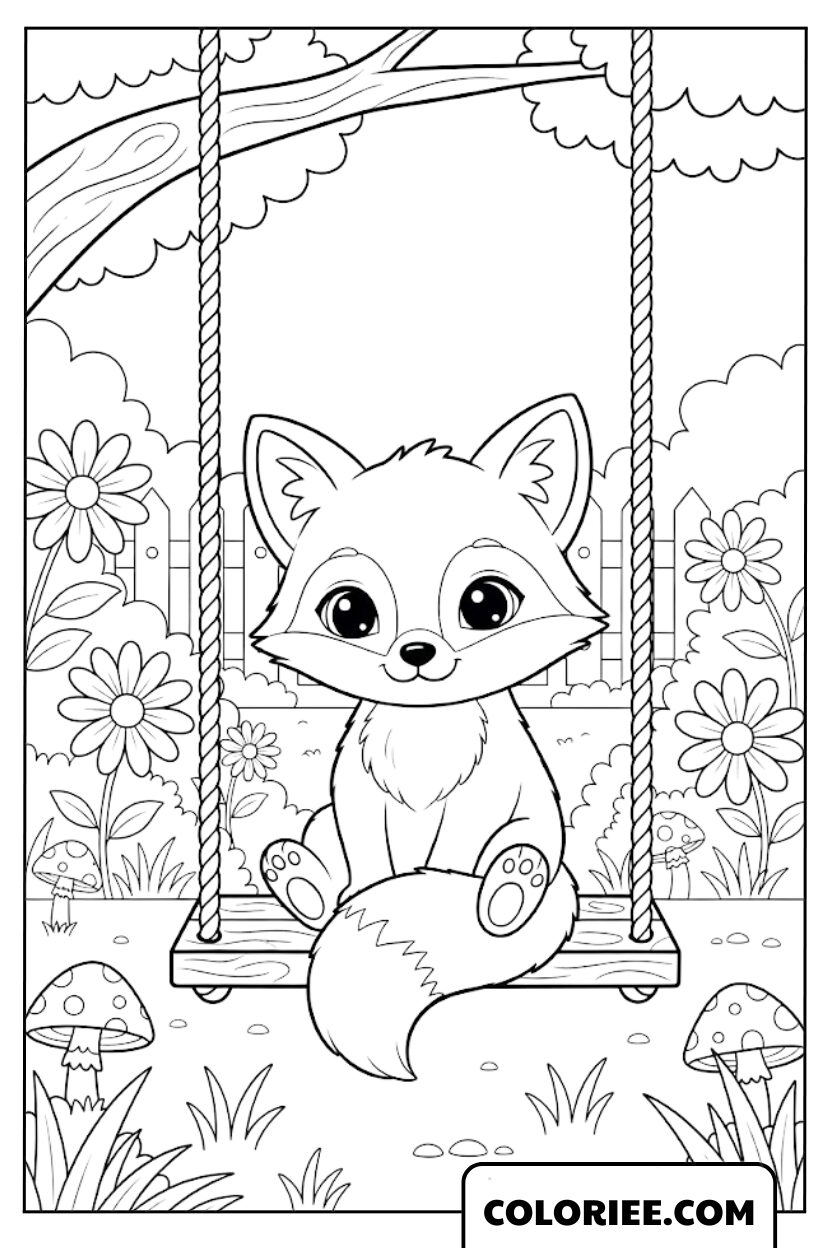 Coloriage Renard sur la Balançoire dans un Jardin Rêveur