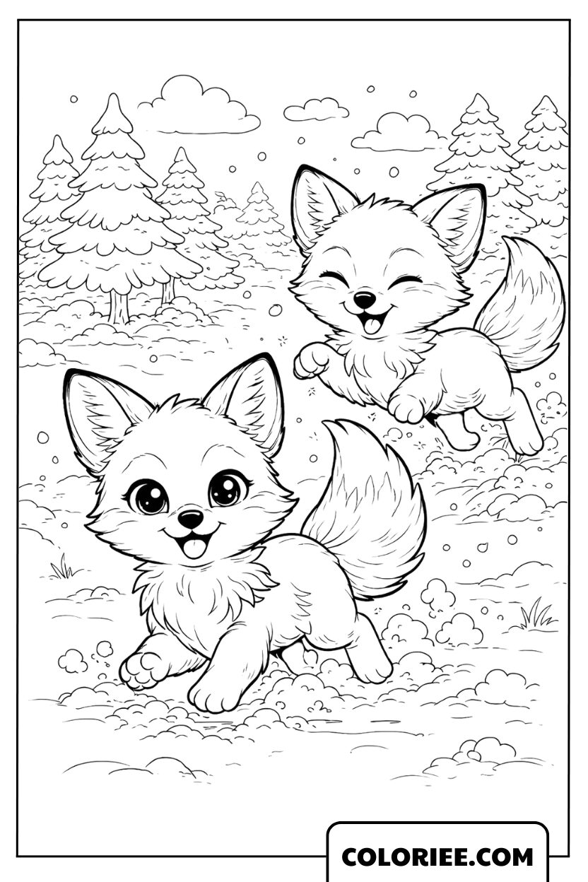 Coloriage Renardeaux Jouant Ensemble