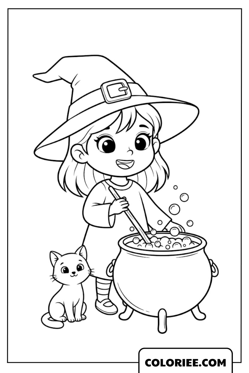 Coloriage Sorcière la petite sorcière avec son chat et la marmite