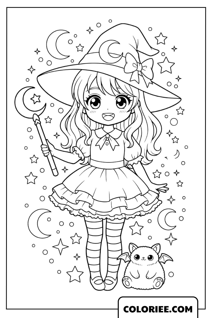 Coloriage Sorcière la petite sorcière parmi les étoiles
