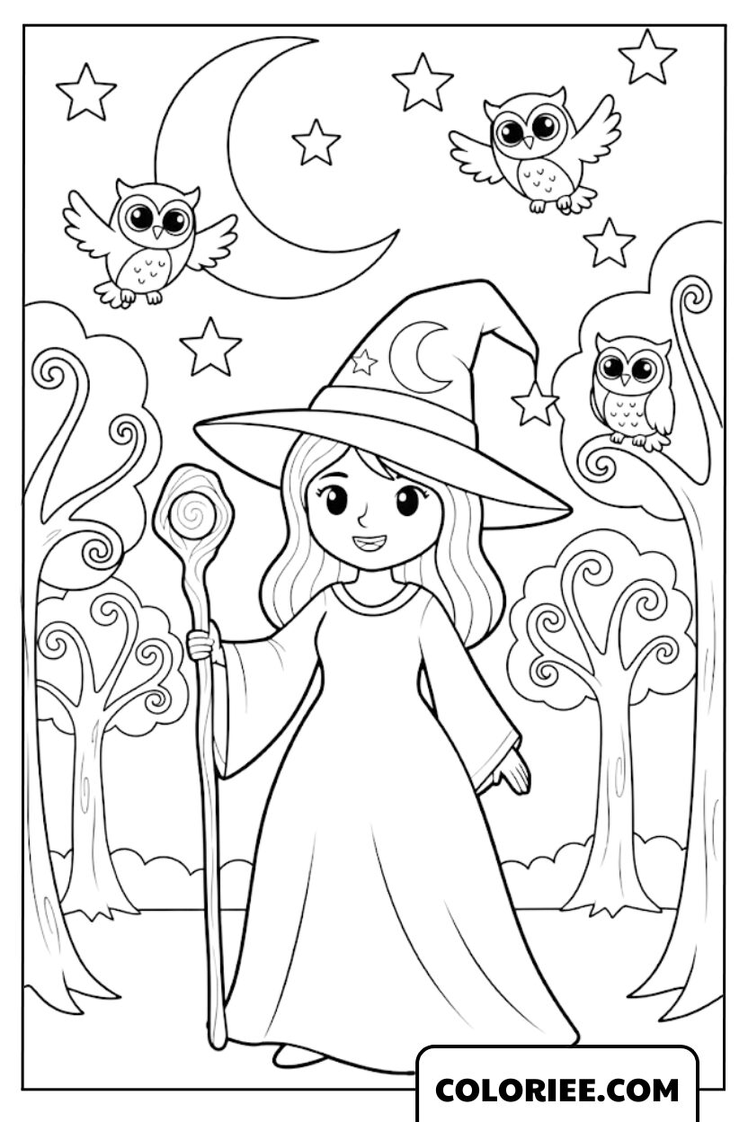 Coloriage Sorcière la sorcière dans la forêt magique