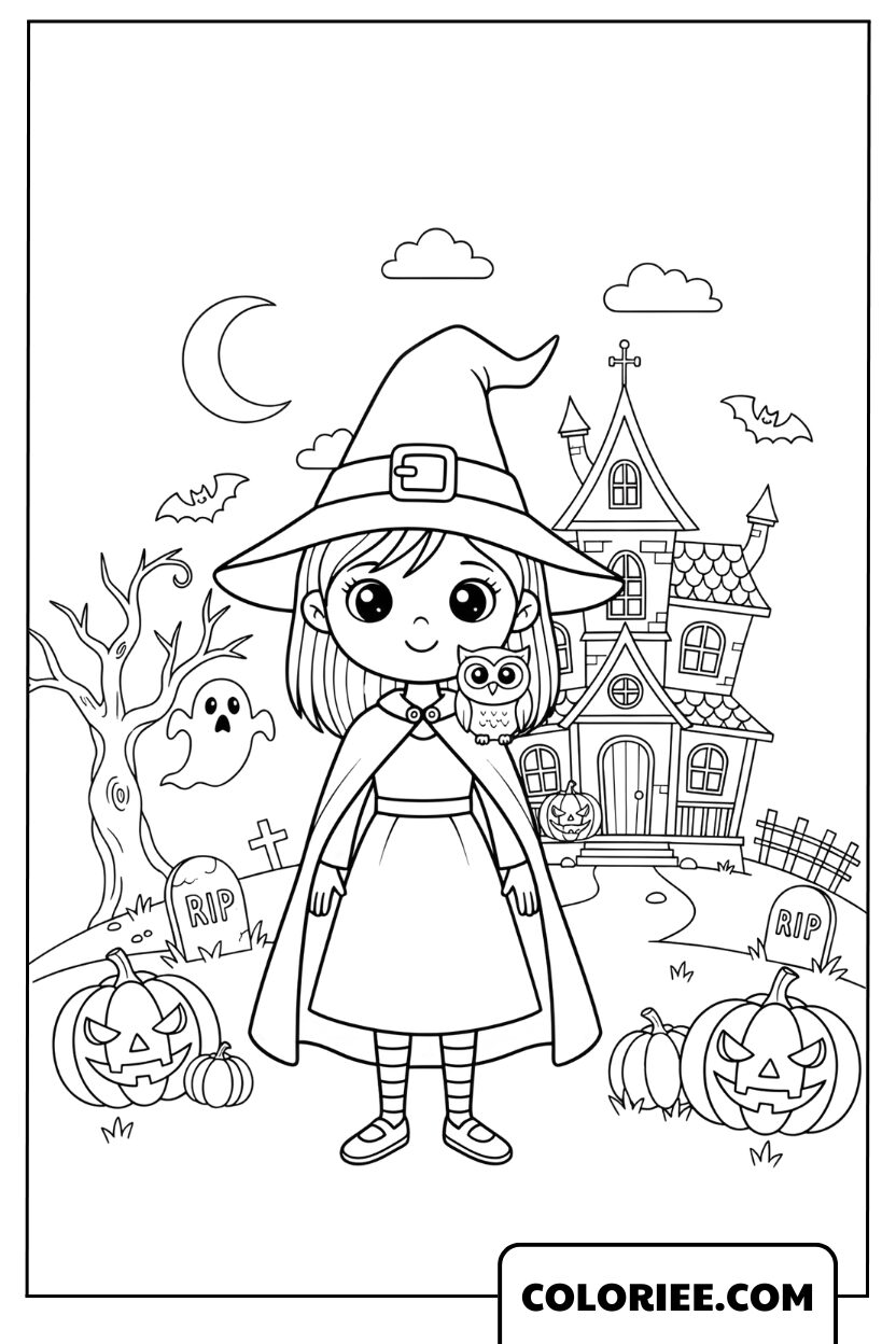 Coloriage Sorcière la sorcière devant le château magique