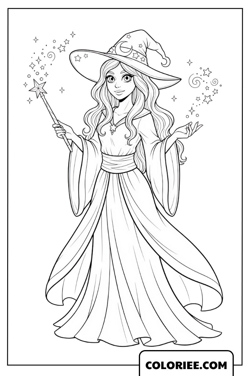 Coloriage Sorcière la sorcière lançant des sorts