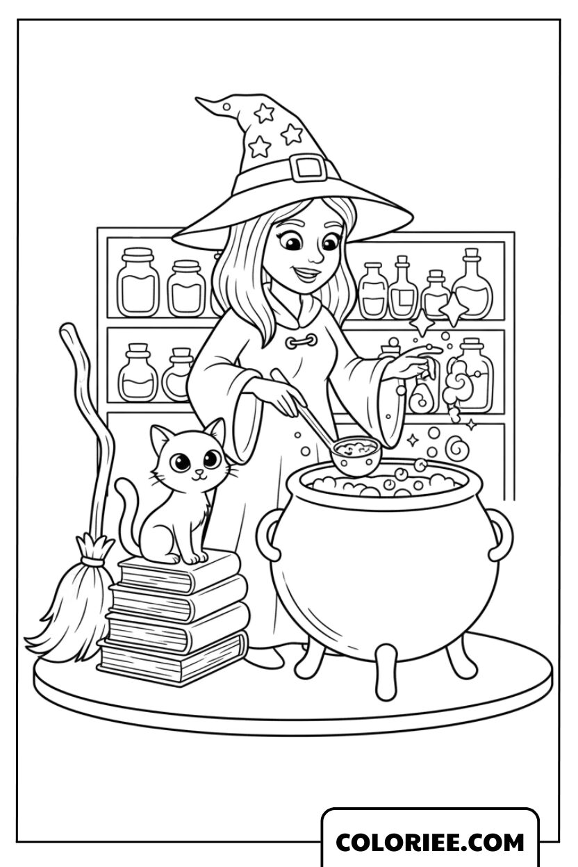 Coloriage Sorcière la sorcière préparant une potion magique