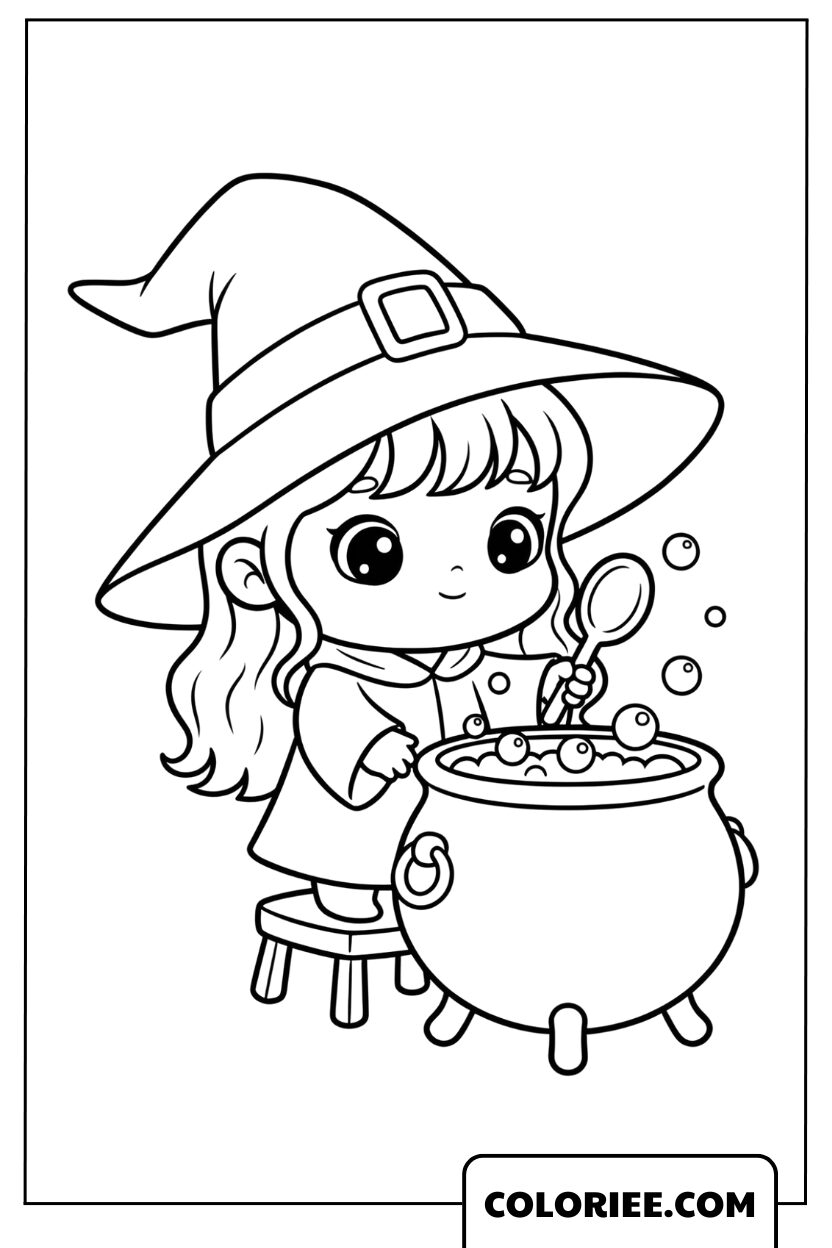 Coloriage Sorcière la sorcière préparant une potion