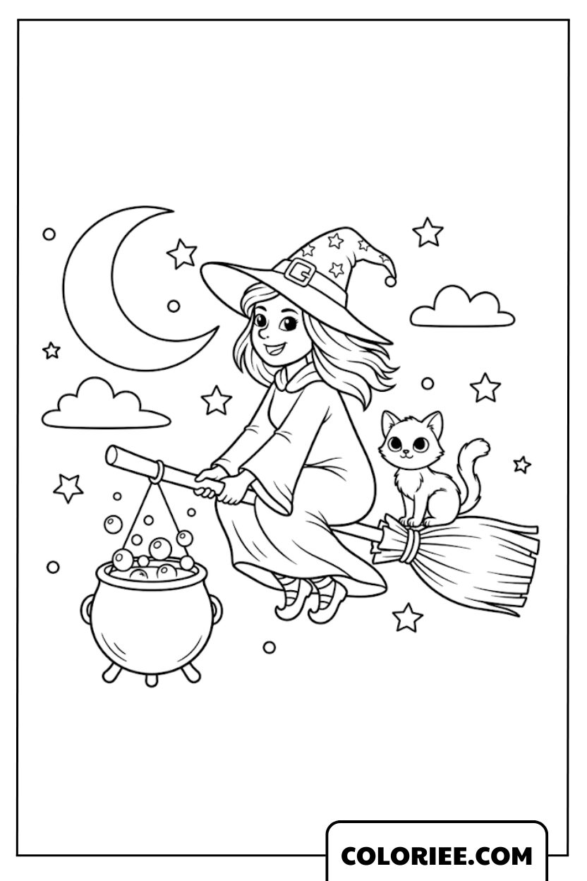 Coloriage Sorcière la sorcière volant sur son balai
