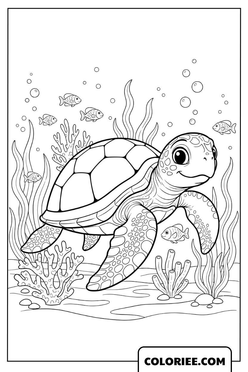 Coloriage Tortue Marine dans le Récif Corallien