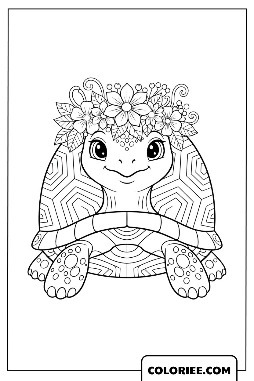 Coloriage Tortue à la Couronne de Fleurs