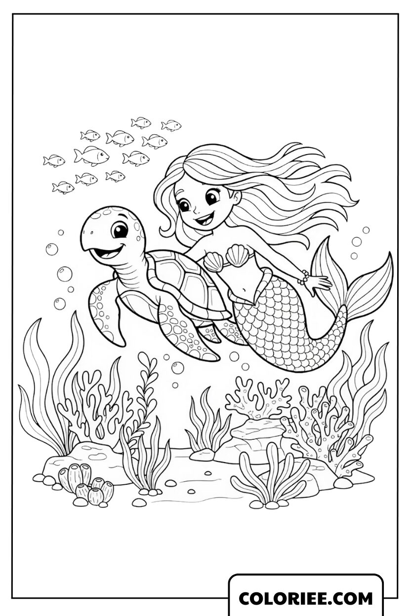 Coloriage Tortue et Sirène Sous l’Océan