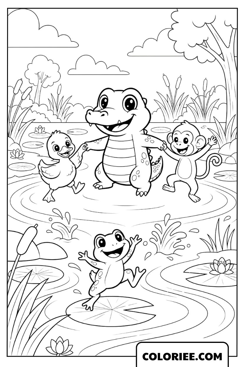 Coloriage bébé crocodile jouant avec ses amis