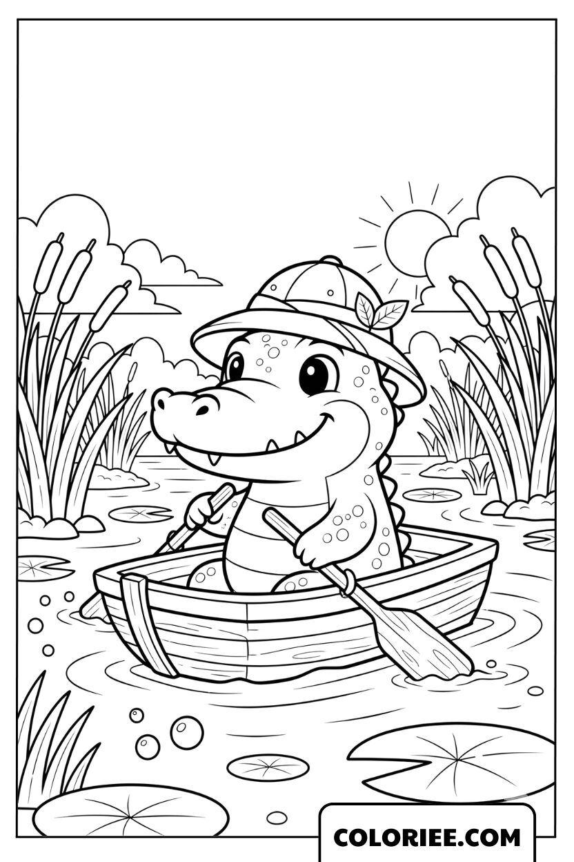 Coloriage crocodile en bateau explorateur