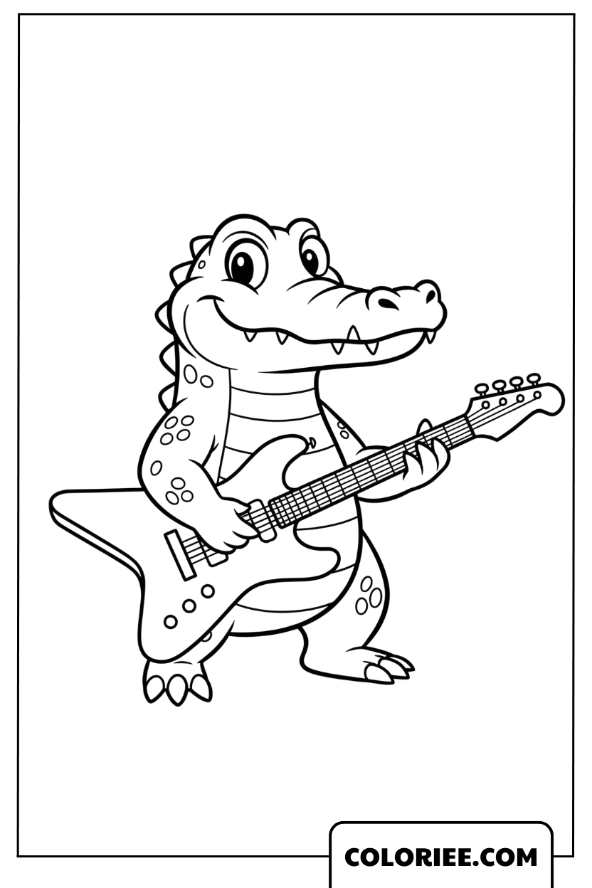 Coloriage crocodile jouant de la guitare